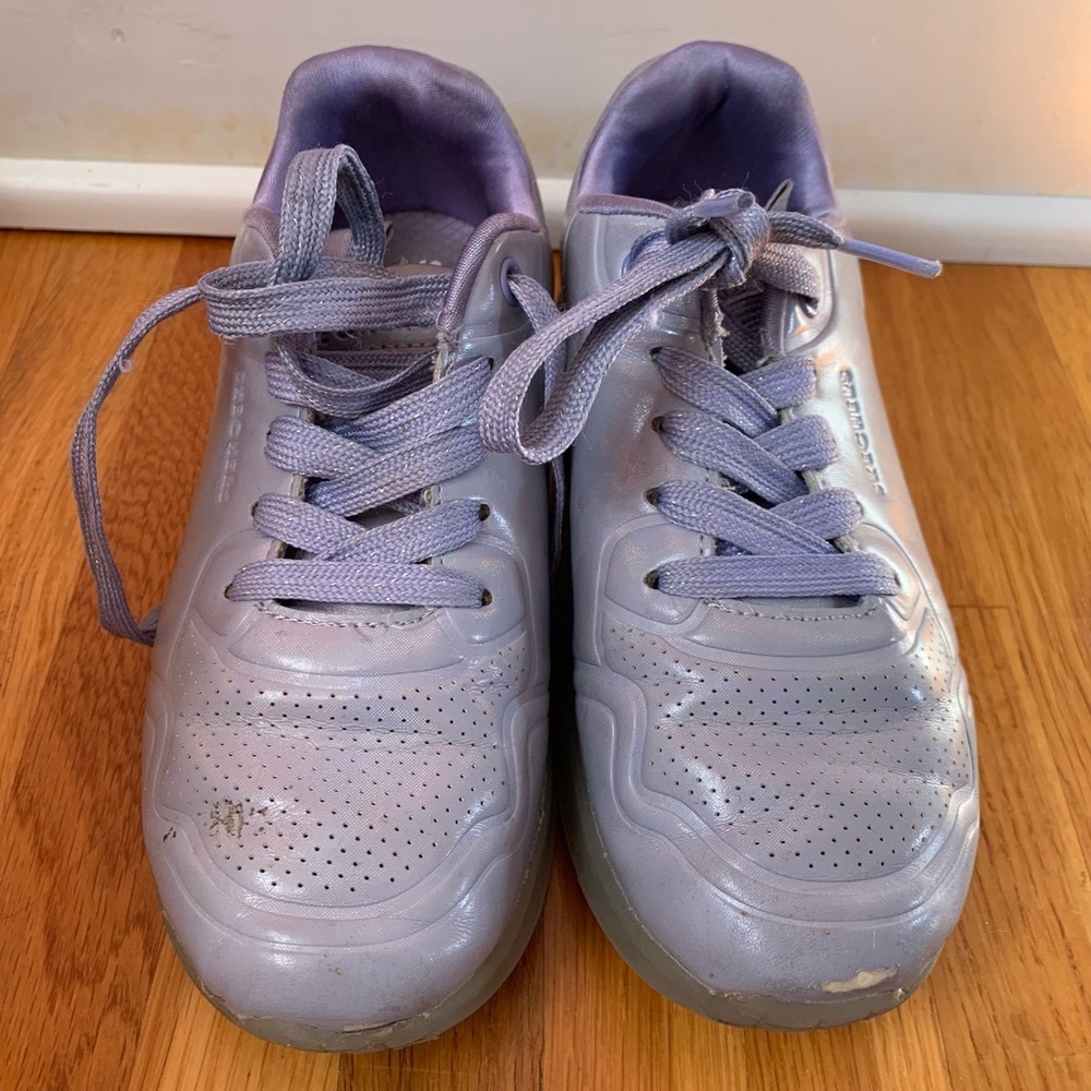 Holographic Lavender Sneakers Skechers Girls Size 1 Air Cooled Memory Foam Shoes - Picture 4 of 10